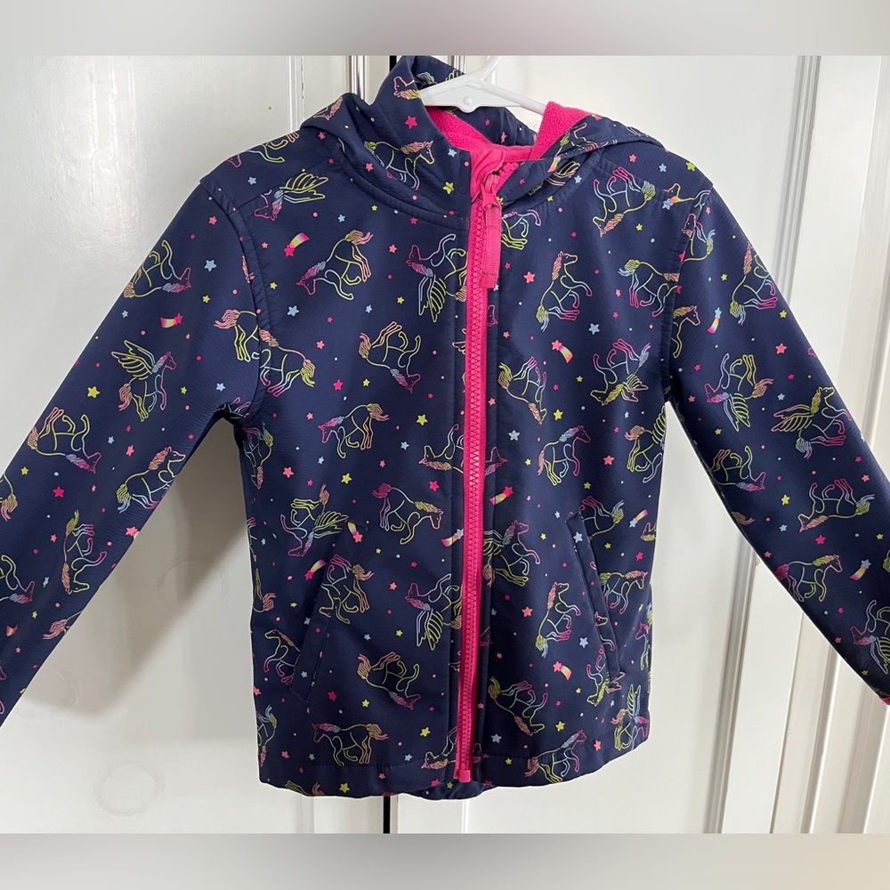 Girls unicorn rain jacket with pink fuzzy lining